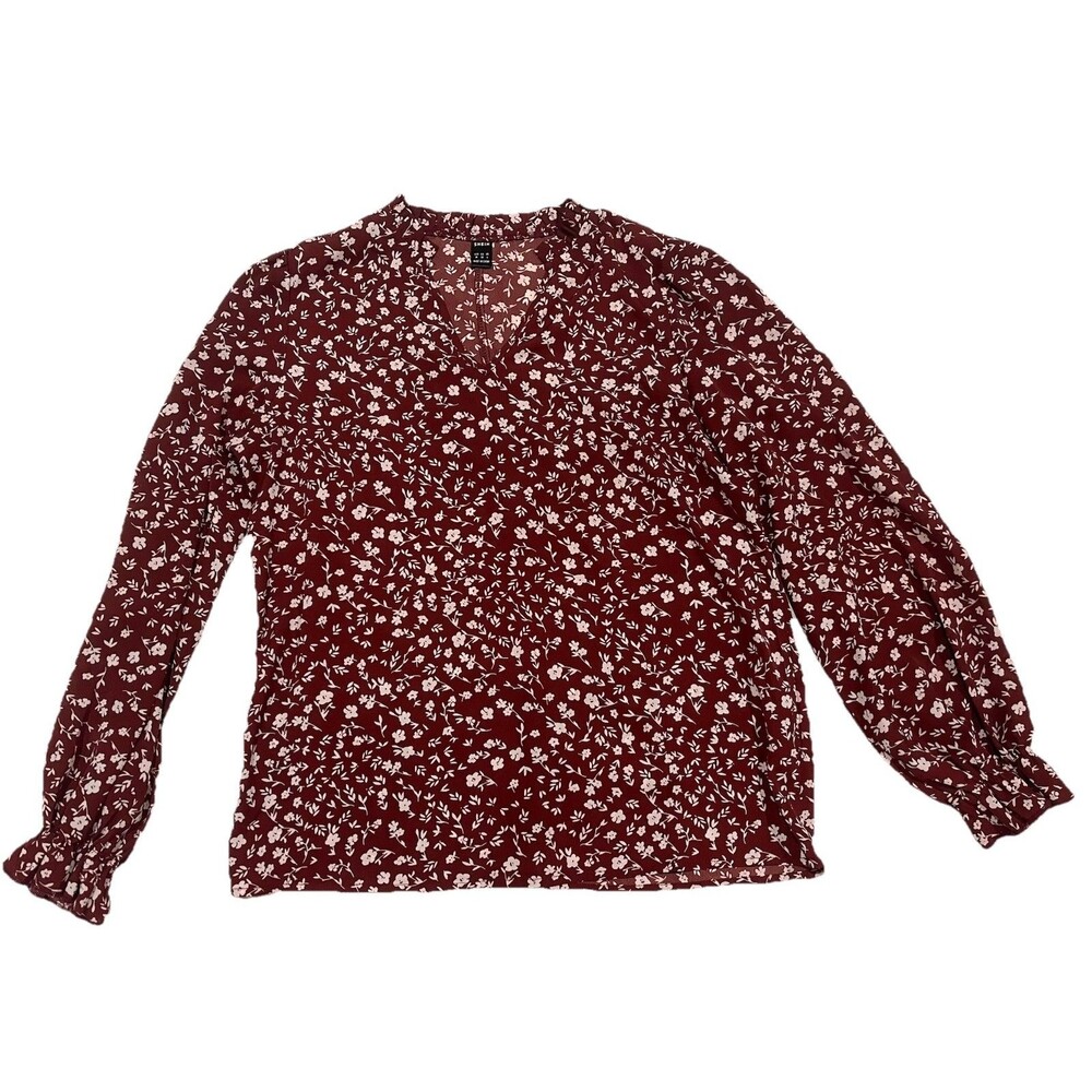 NWOT SHEIN Brick Red Ditsy Floral Long Sleeve Ruffle Blouse Size M - Picture 5 of 9